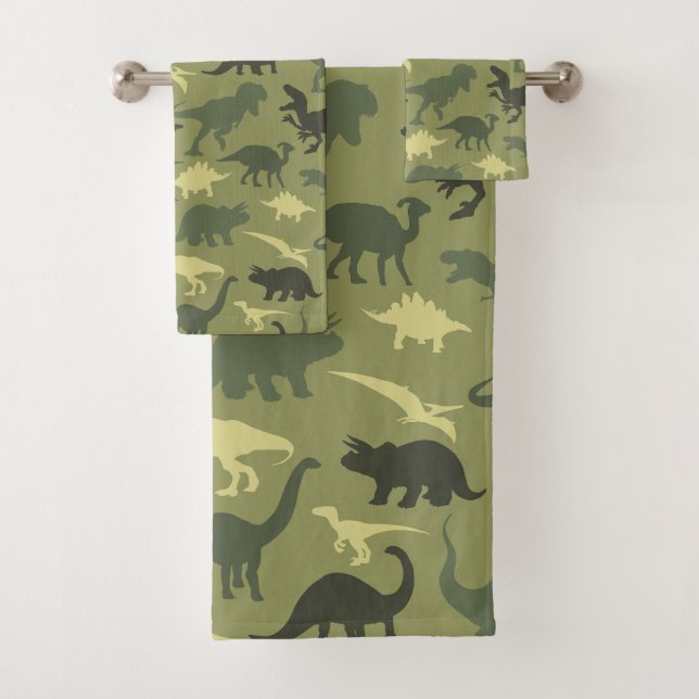 Dinosaur Pattern, Dinosaur Silhouette, Green Dino Bath Towel Set (Insitu)