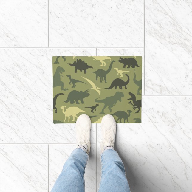 Dinosaur Pattern, Dinosaur Silhouette, Green Dino Doormat (Indoor)