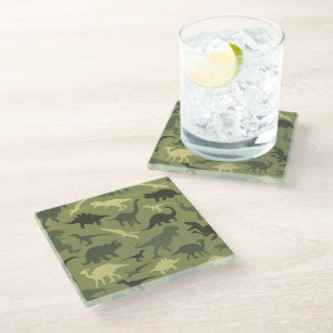 Dinosaur Pattern, Dinosaur Silhouette, Green Dino Glass Coaster