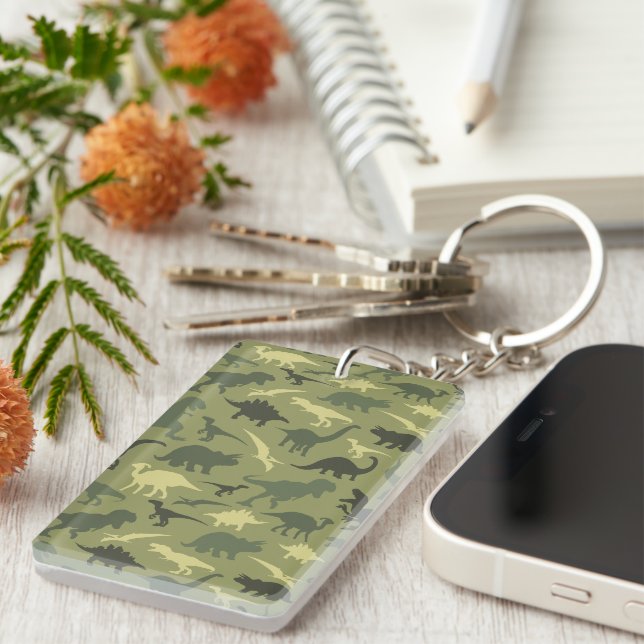Dinosaur Pattern, Dinosaur Silhouette, Green Dino Keychain (Front Right)