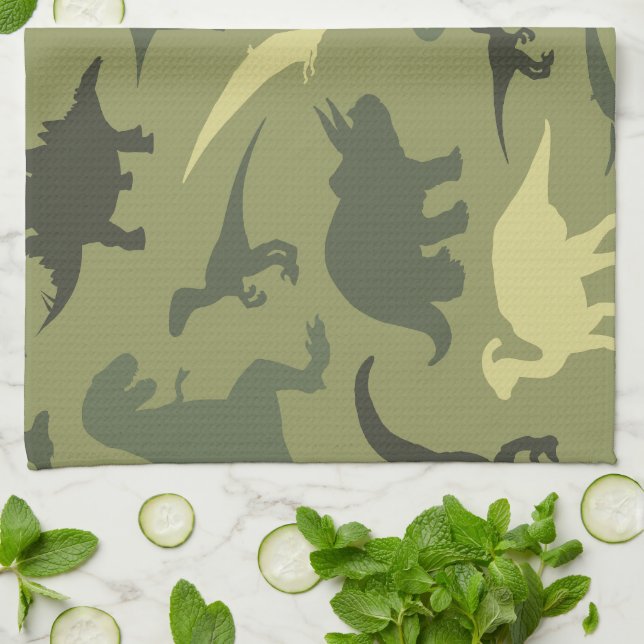 Dinosaur Pattern, Dinosaur Silhouette, Green Dino Kitchen Towel (Folded)
