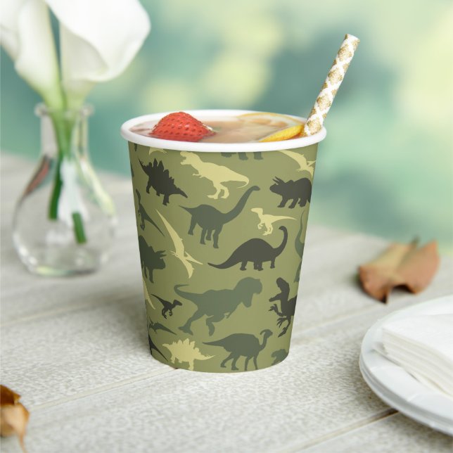Dinosaur Pattern, Dinosaur Silhouette, Green Dino Paper Cups (Insitu)