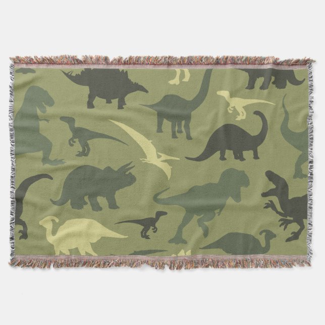 Dinosaur Pattern, Dinosaur Silhouette, Green Dino Throw Blanket (Front)