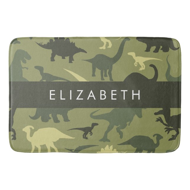 Dinosaur Pattern, Dinosaur Silhouette, Your Name Bath Mat (Front)