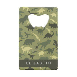 Dinosaur Pattern, Dinosaur Silhouette, Your Name Credit Card Bottle Opener