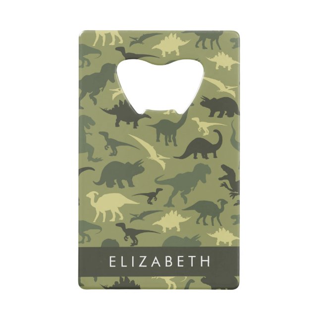 Dinosaur Pattern, Dinosaur Silhouette, Your Name Credit Card Bottle Opener (Front)