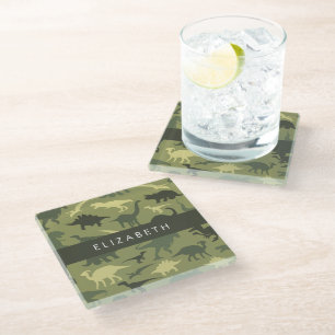 Dinosaur Pattern, Dinosaur Silhouette, Your Name Glass Coaster