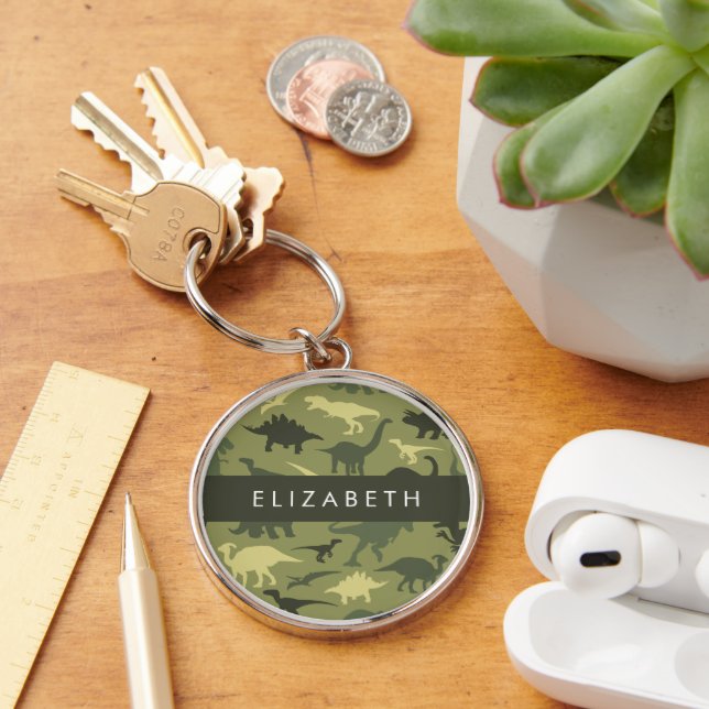 Dinosaur Pattern, Dinosaur Silhouette, Your Name Keychain (Desk)