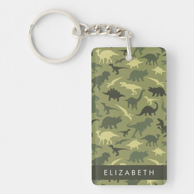 Dinosaur Pattern, Dinosaur Silhouette, Your Name Keychain (Front)