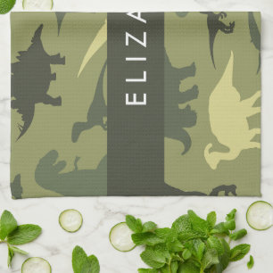 Dinosaur Pattern, Dinosaur Silhouette, Your Name Kitchen Towel