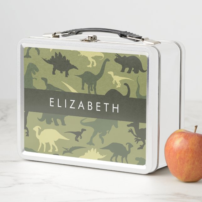 Dinosaur Pattern, Dinosaur Silhouette, Your Name Metal Lunch Box (In Situ)