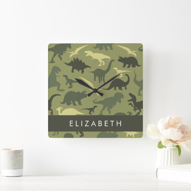 Dinosaur Pattern, Dinosaur Silhouette, Your Name Square Wall Clock (Home)