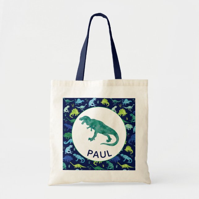 Dinosaur Pattern Personalized Kids T-Rex Tote Bag (Front)