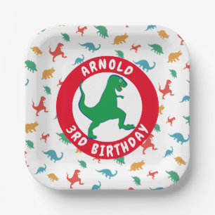 Dinosaur Pattern T-Rex Boy 3rd Birthday Party Paper Plate