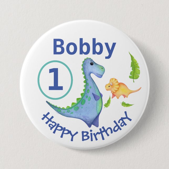 Dinosaur Personalize 1st Birthday Little Boy's 3 Inch Round Button (Front)