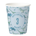 Dinosaur Personalized Age Kids Birthday Party Paper Cups<br><div class="desc">Time for a wild birthday party!  A fun bunch of adorable dinosaurs on a gender neutral blue background,  ready to customize with your child's name and age.  Great for any age child,  boy or girl.  Original art by Nic Squirrell.</div>