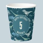Dinosaur Personalized Age Kids Birthday Party Paper Cups<br><div class="desc">Time for a wild birthday party!  A fun bunch of adorable dinosaurs on a dark teal green background,  ready to customize with your child's name and age.  Great for any age child,  boy or girl.  Original art by Nic Squirrell.</div>