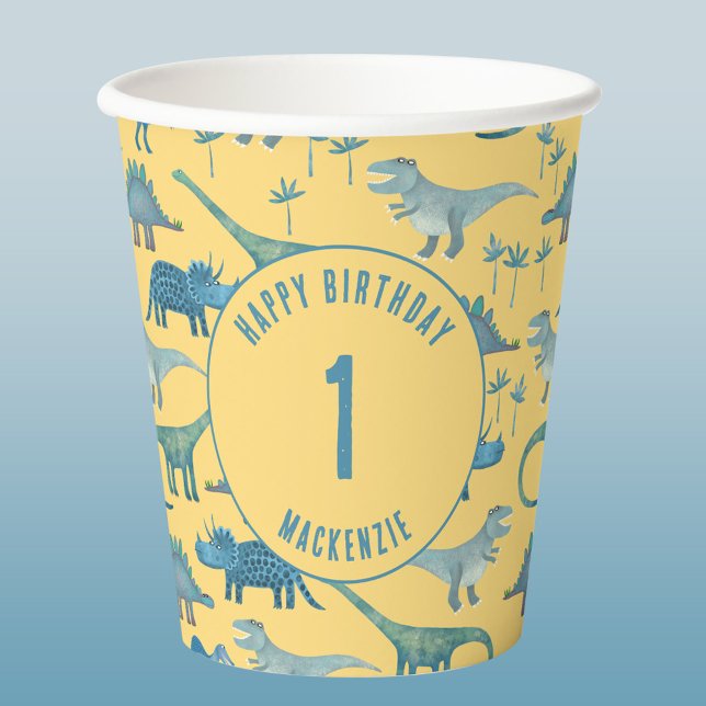 Dinosaur Personalized Age Kids Birthday Party Paper Cups (Fun personalized name and age dinosaur themed kids birthday party paper cups)