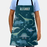 Dinosaur Personalized Apron<br><div class="desc">Lots of blue dinosaurs,  Tyrannosaurus rex,  Spinosaurus,  Stegosaurus,  Diplodocus and Triceratops on a dark teal green background.  Change the name to personalize. Original art by Nic Squirrell.</div>