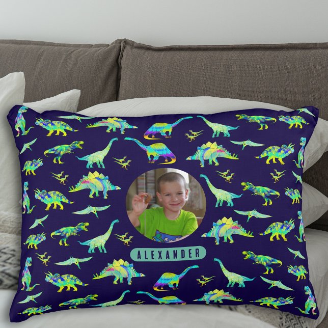 Dinosaur Personalized Boys Photo and Name Accent Pillow (Colorful dinosaur pattern personalized name and photo boys navy blue and green pillow)