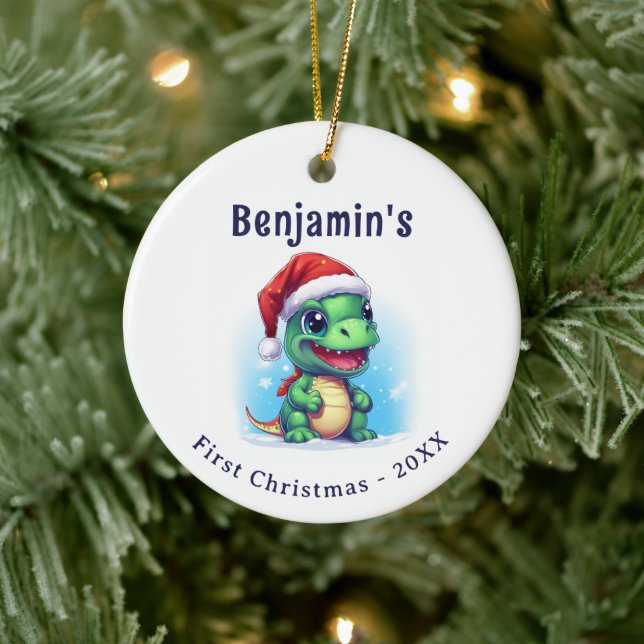 Dinosaur Personalized Name First Christmas Ceramic Ornament (Tree)