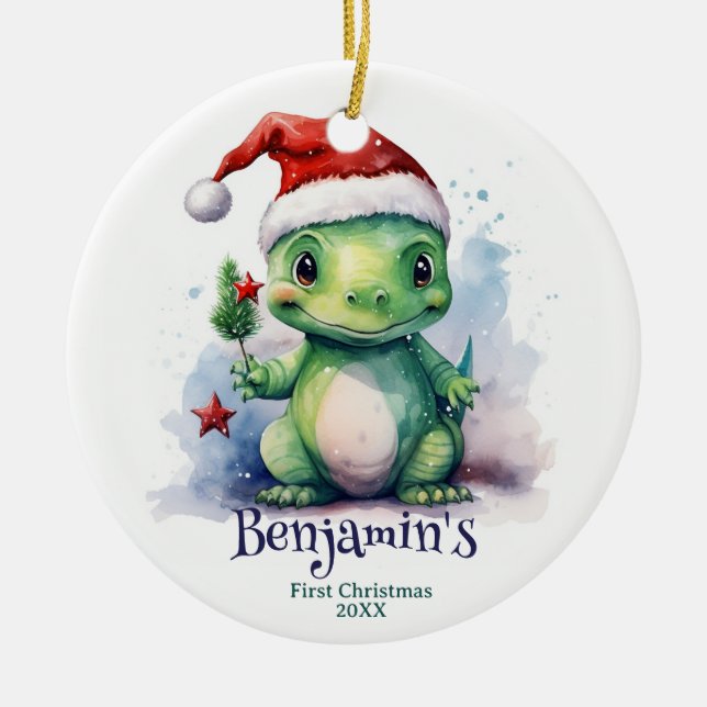 Dinosaur Personalized Name First Christmas Ceramic Ornament (Front)