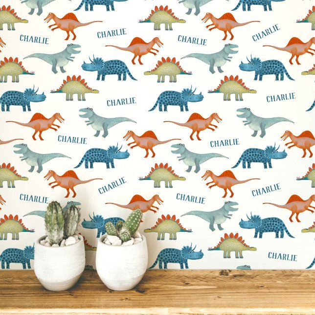 Dinosaur Personalized Name Wallpaper (Fun unique personalized dinosaur wallpaper with child's name for kid's room and nursery)