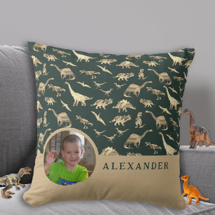 Dinosaur Personalized Photo and Name Green Throw Pillow
