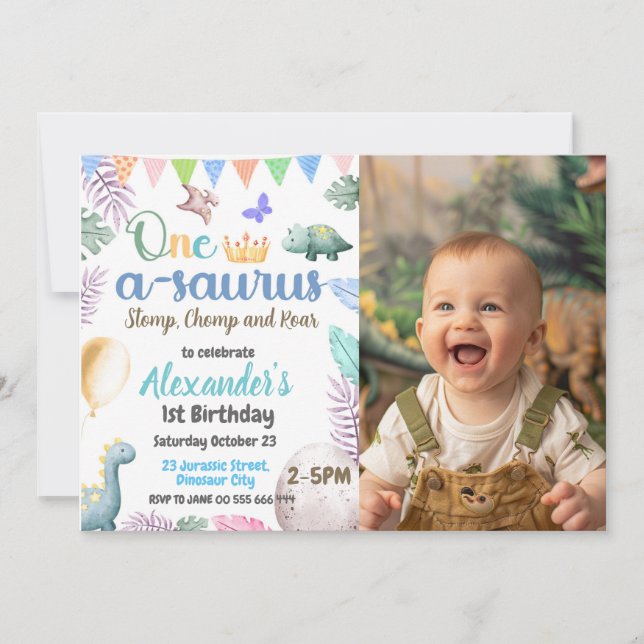 Dinosaur Photo 1st Birthday One-A-Saurus Party Invitation (Front)
