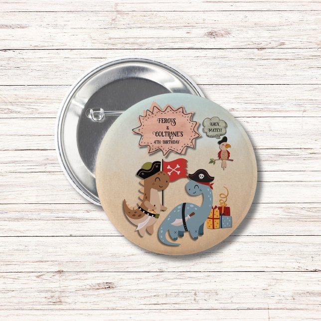 Dinosaur Pirate Twin Boys Birthday Party Custom 2 Inch Round Button (These adorable dinosaur pirate twins birthday party buttons are great for your treat bags!
)