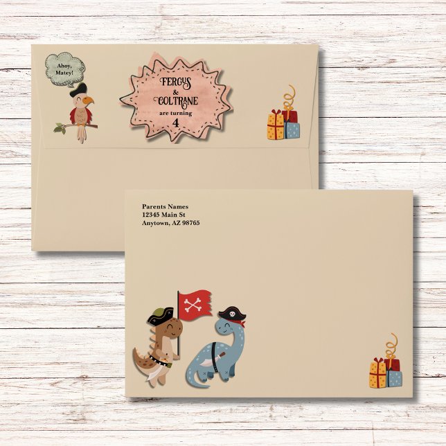Dinosaur Pirate Twin Boys Birthday Party Custom Envelope (Dinosaur Pirates Twin Boys Birthday Party custom envelopes coordinate with the party invitations.)
