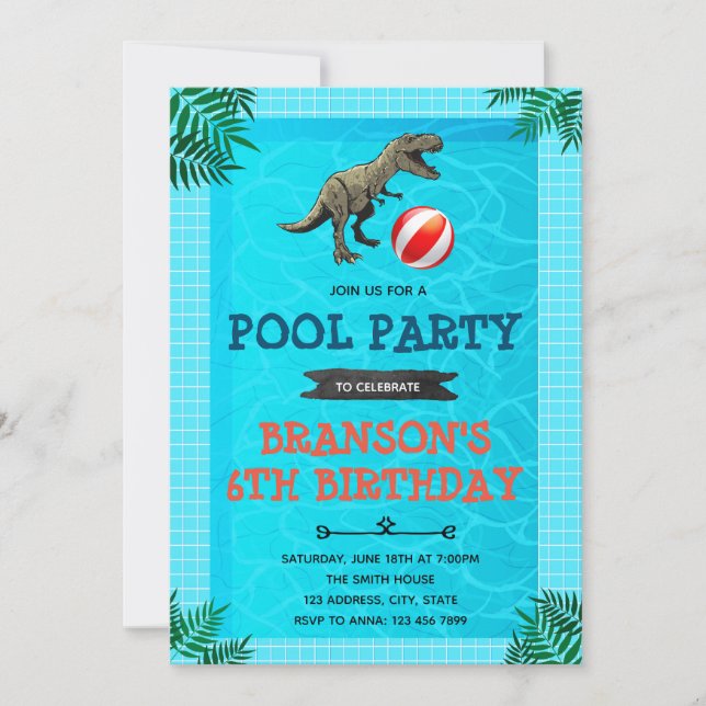 Dinosaur piscine thème de soirée invitation (Devant)