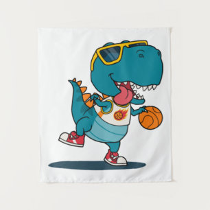 dinosaur playing basketball tapestry