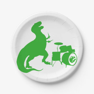 Dinosaur playing drums - Choose background color Paper Plate