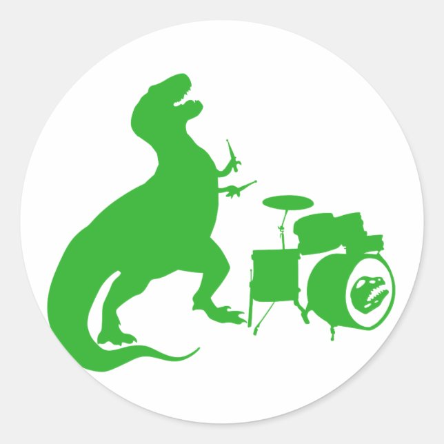 Dinosaur playing drums - Choose background colour Classic Round Sticker (Front)