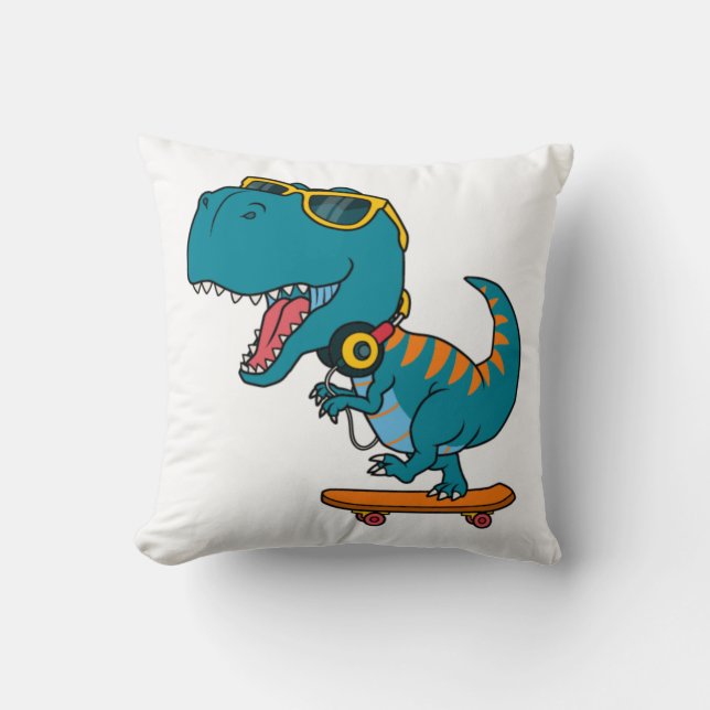 dinosaur playing skateboard throw pillow (Front)