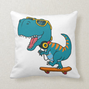 dinosaur playing skateboard throw pillow