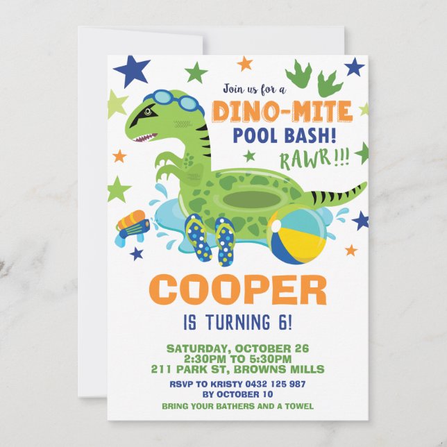 Dinosaur Pool Birthday Party Bash Boy Dino Floatie Invitation (Front)