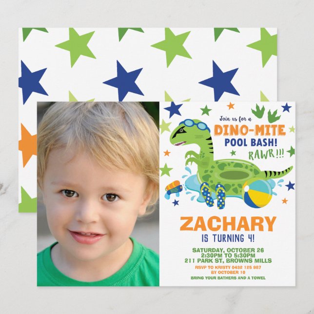 Dinosaur Pool Birthday Party Bash Boy Swim Floatie Invitation (Front/Back)