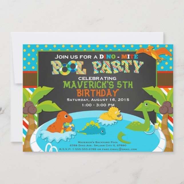 Dinosaur Pool Party Invitation - Birthday Party - (Front)