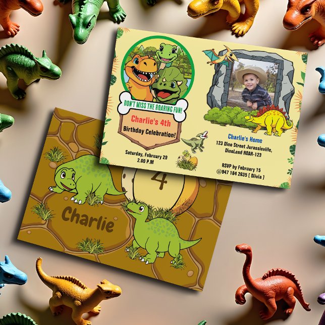 Dinosaur Prehistoric Cartoon Photo Birthday Party Invitation (Creator Uploaded)