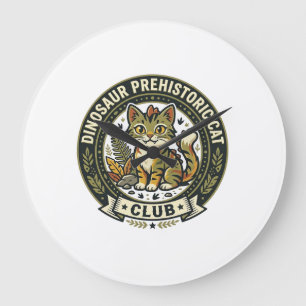 Dinosaur Prehistoric Cat Cat Graphic Tee Art - Din Large Clock