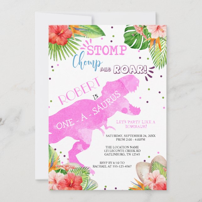 Dinosaur premier anniversaire Invitation fille (Devant)