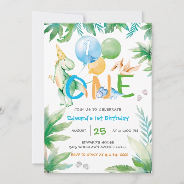 Dinosaur premier garçon Anniversaire Invitations m (Devant)