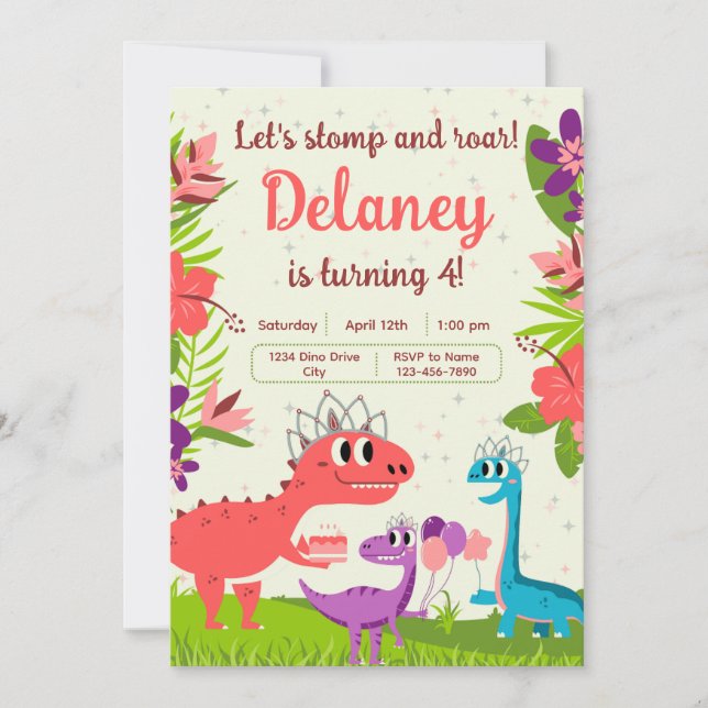 Dinosaur Princess Invitation d'anniversaire (Devant)