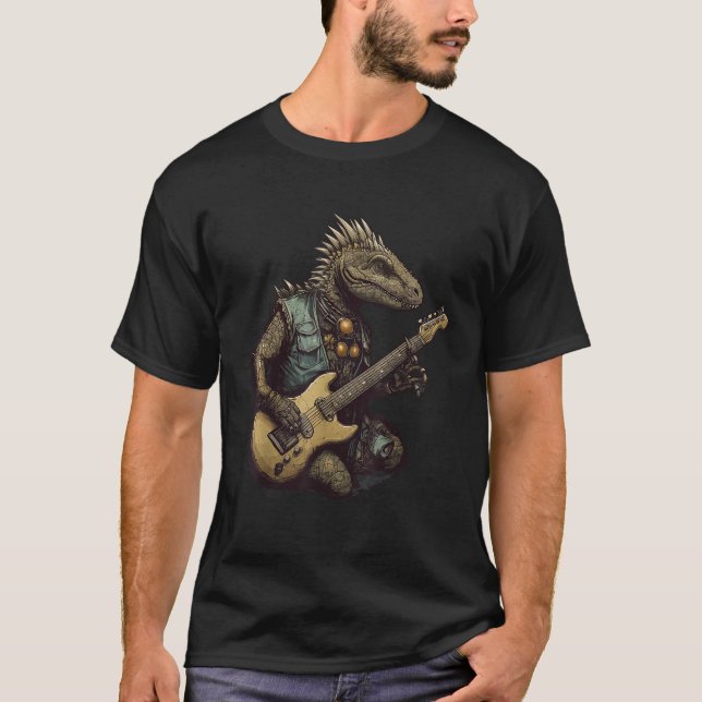 Dinosaur Punk Dino Funny Velociraptor Playing Guit T-Shirt (Front)