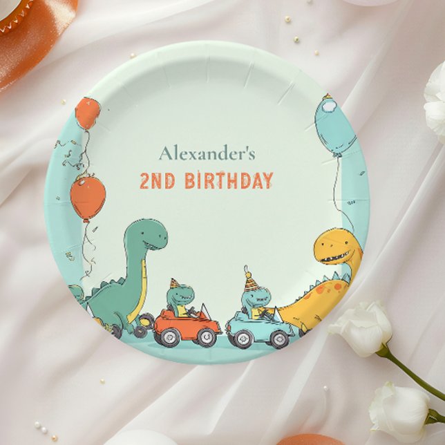 Dinosaur Race Car 2nd Birthday Paper Plate (Creator Uploaded)