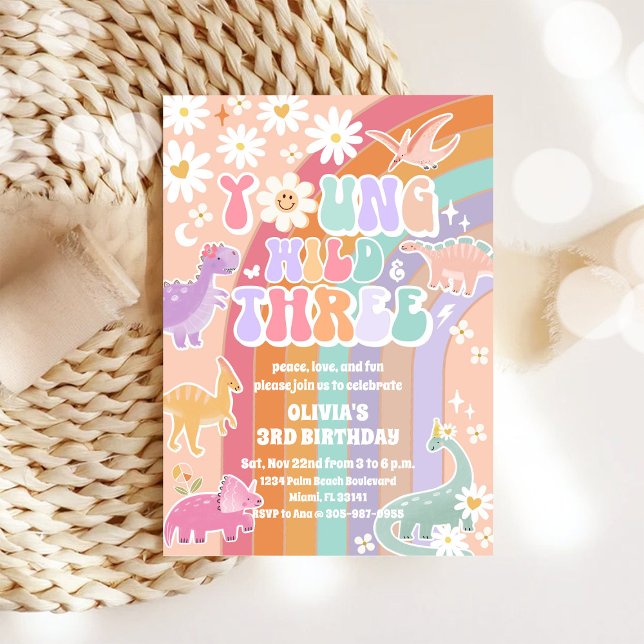 Dinosaur Rainbow 3rd Birthday Invitation (Creator Uploaded)