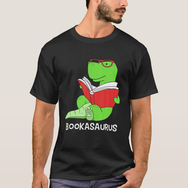 Dinosaur Reading Book Bookasaurus Bookworm T-Shirt (Front)