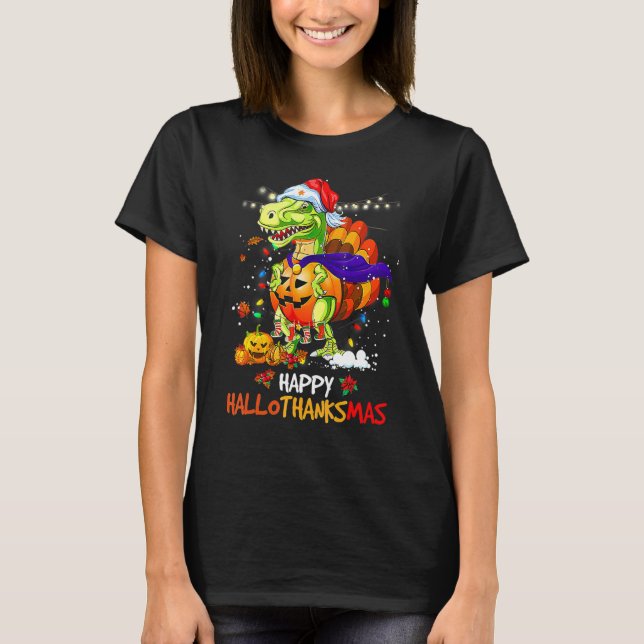 Dinosaur Rex Halloween Christmas Happy Hallothanks T-Shirt (Front)